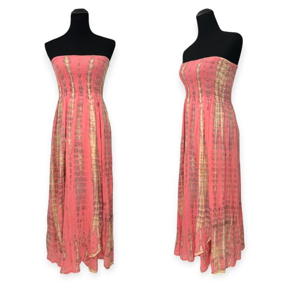 Bali Queen | One Size | Coral & Cream Tie-Dye Smoked Bodice Maxi Tia Tube Dress - Picture 4 of 7
